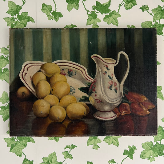 Vintage Oil Painting French Still Life Lemons, Tulips & Stripes c1930s
