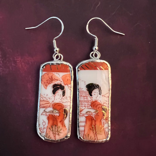 Vintage China Earrings Geisha Holding Fan