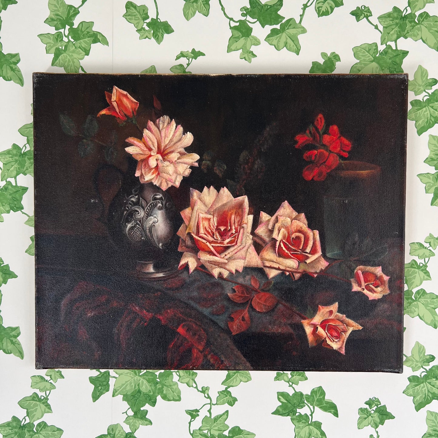 Vintage Oil Painting Still Life Moody Pink Roses & Red Geraniums