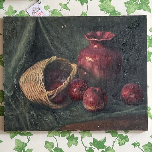 Rustic Antique Oil Painting Still Life of Vase, Apples & Basket