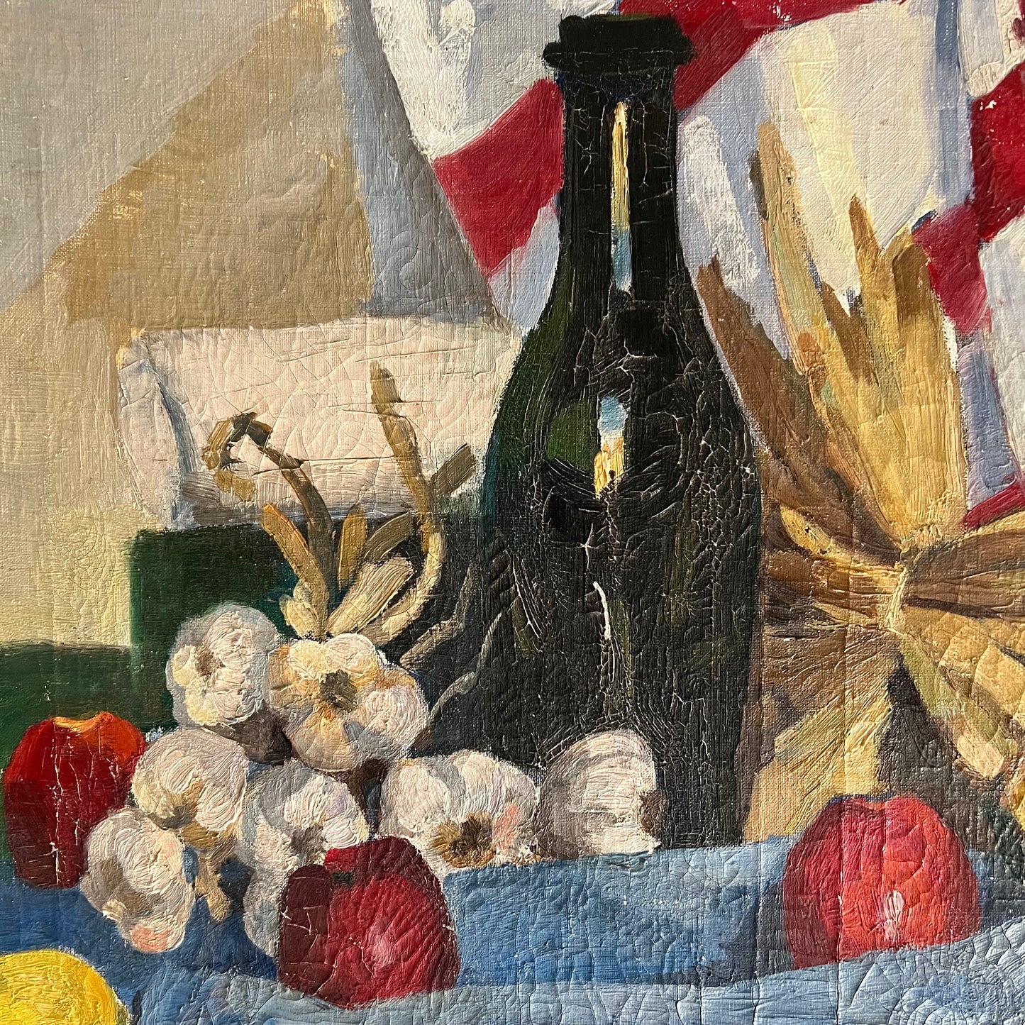 Large Vintage Oil Painting Still Life French Tabletop Wine, Garlic and Corn c1940s