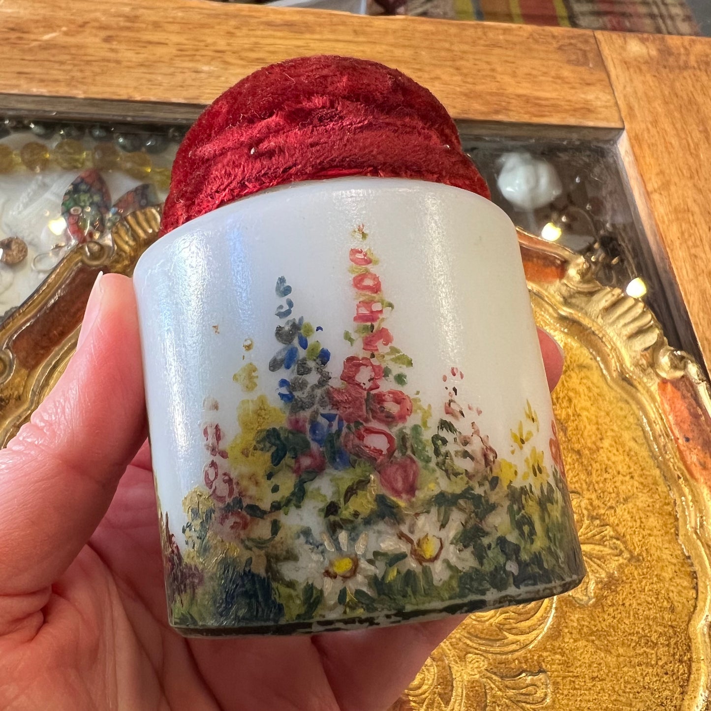 Vintage Hand Painted Cottage Garden Pond’s Milk Glass Jar Pincushion