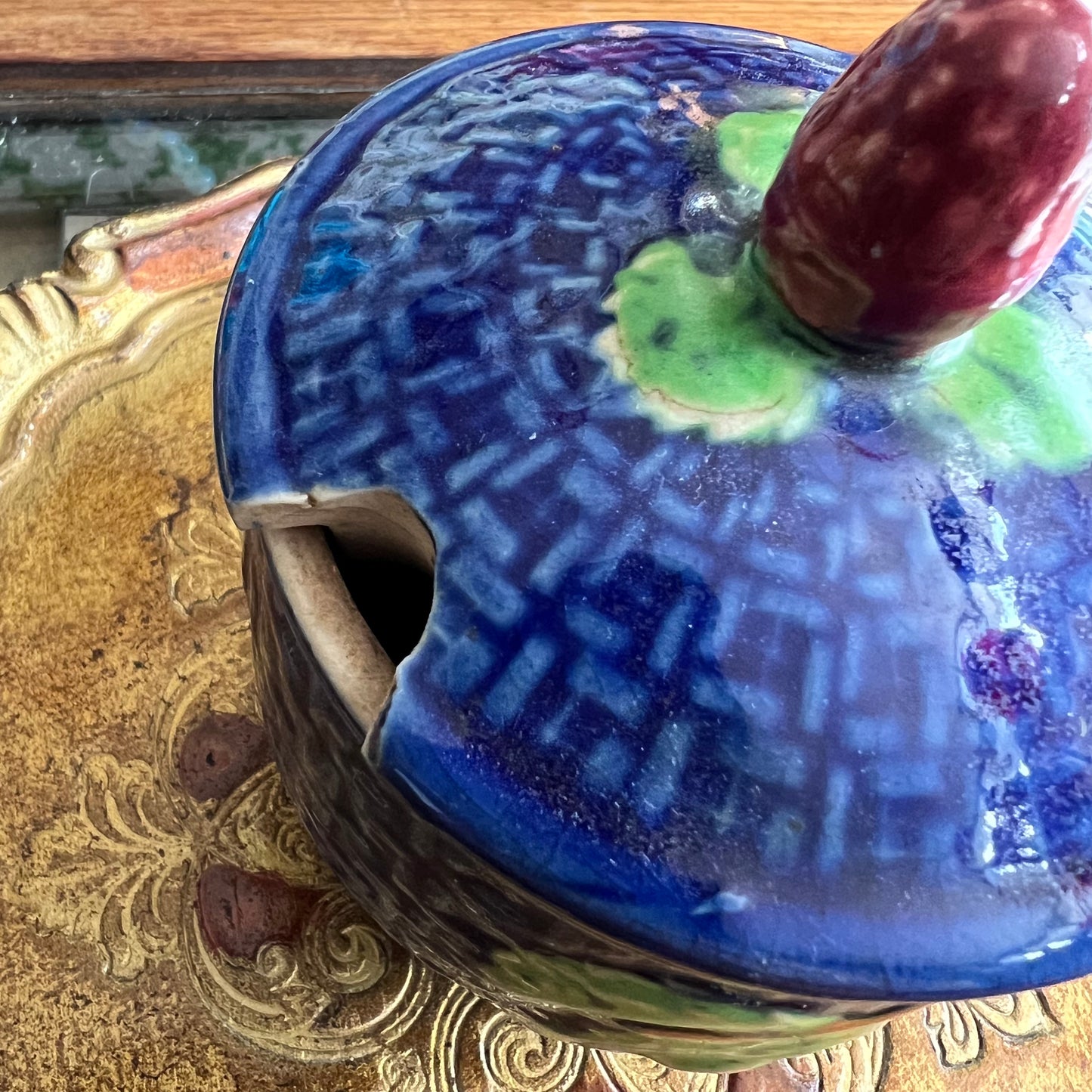 Vintage Majolica Style Glazed Pottery Jam Pot