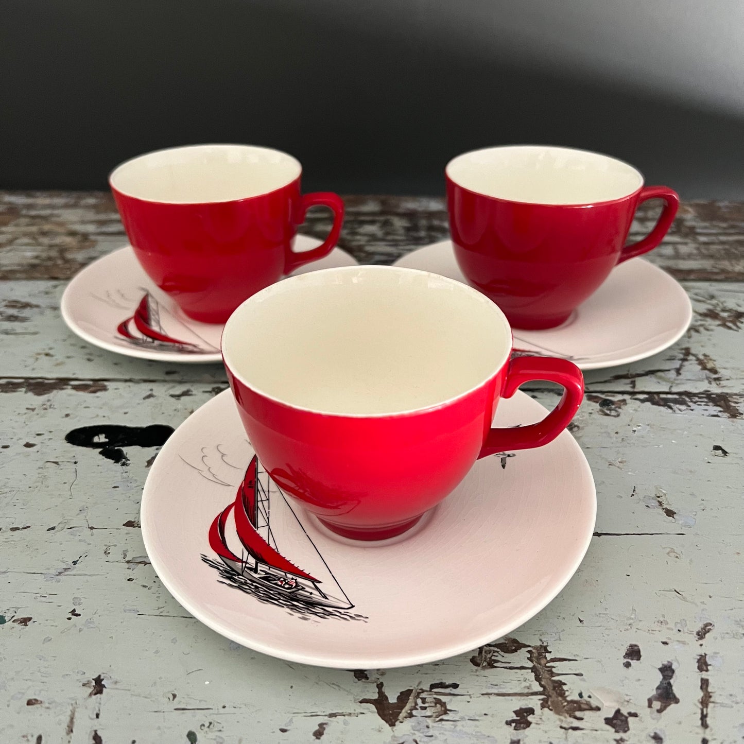 Sail Boat Cup & Saucer ‘Regatta’ pattern by Palissy England c1950s Set 3