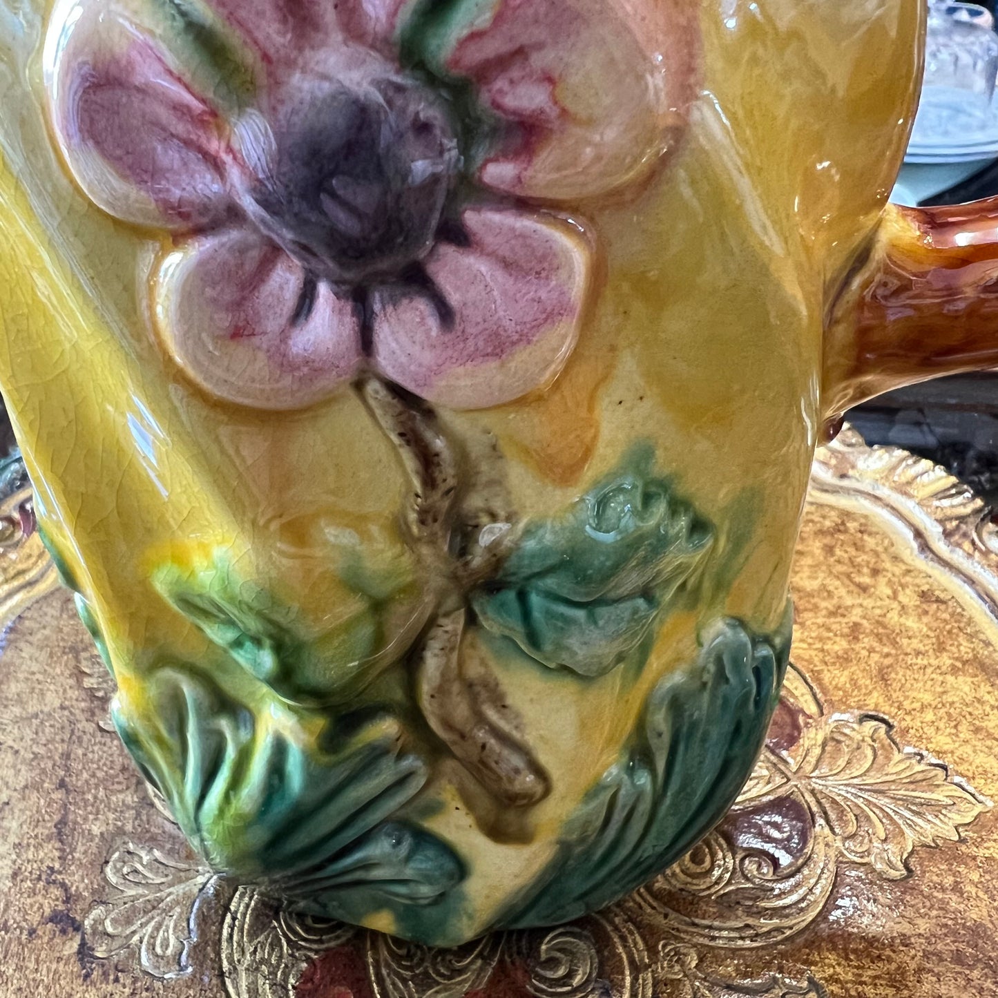 Vintage Majolica Style Pottery Jug Flowers & Leaves