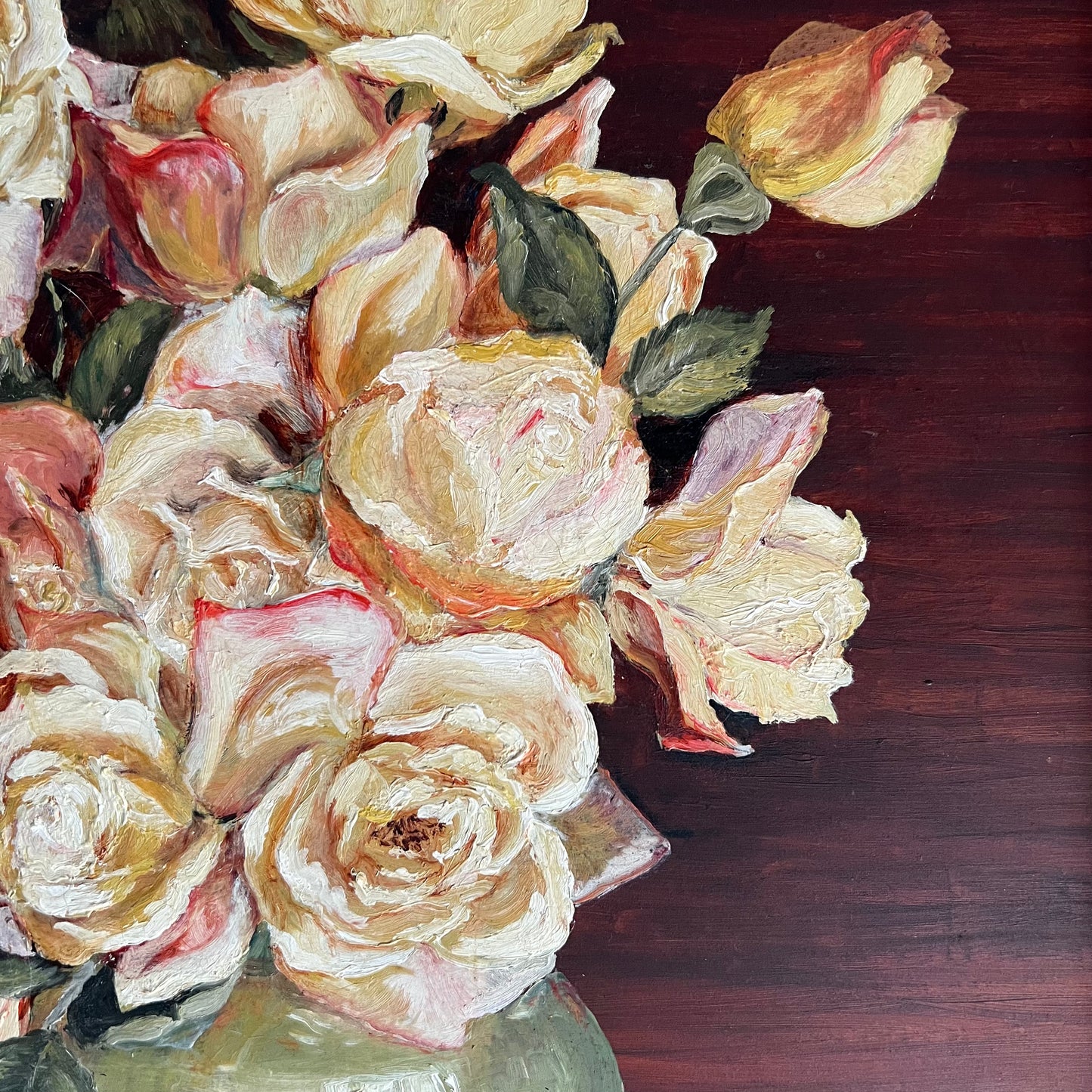Vintage Oil Painting Still Life Golden Roses in Green Vase 1972