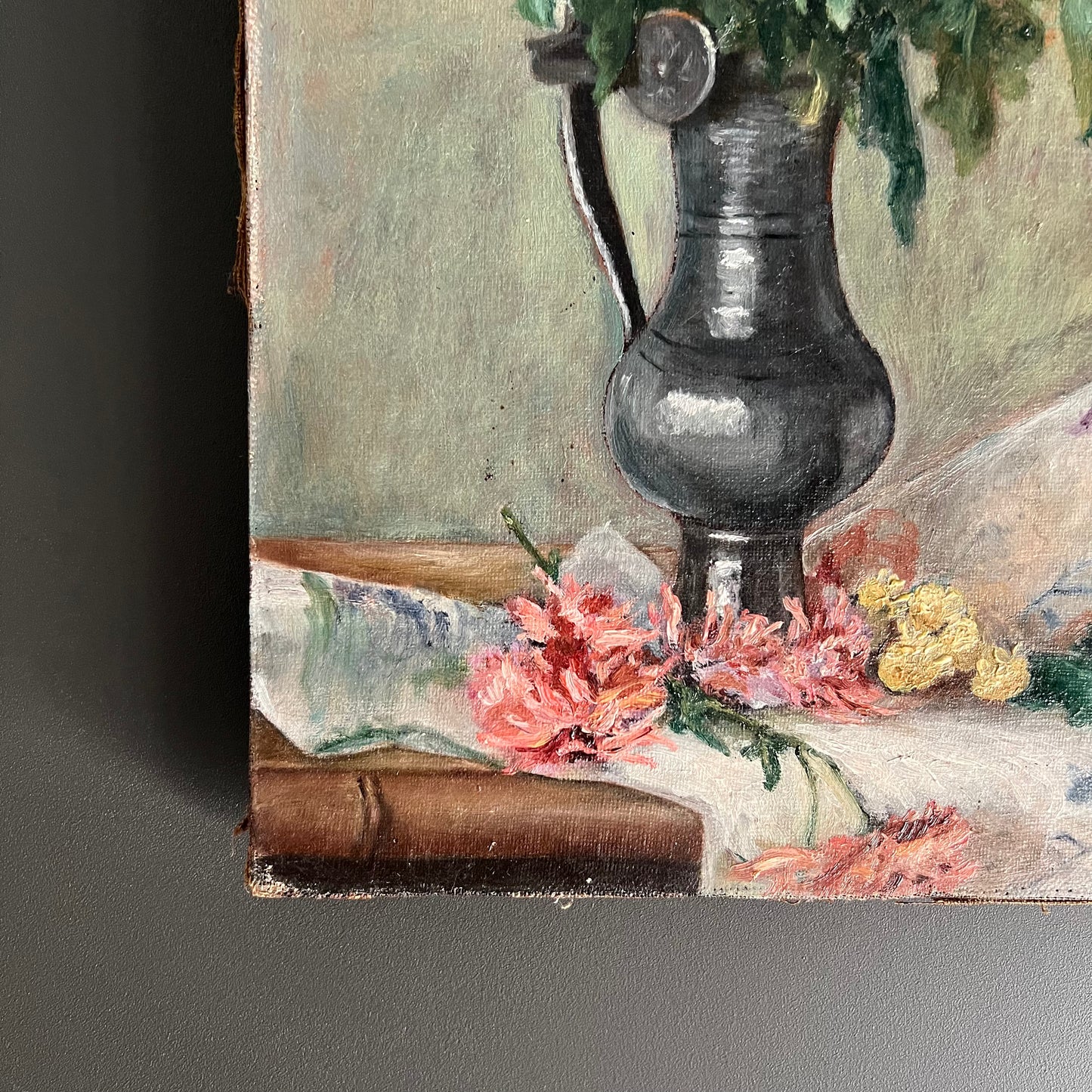 Antique Oil Painting Still Life Flowers in Pewter Jug French c1880s