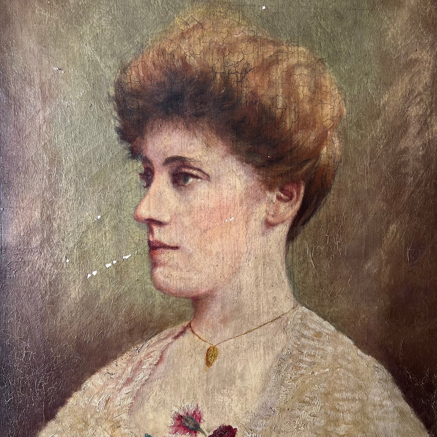 Antique Portrait Oil Painting Lady with Cornflowers 1911