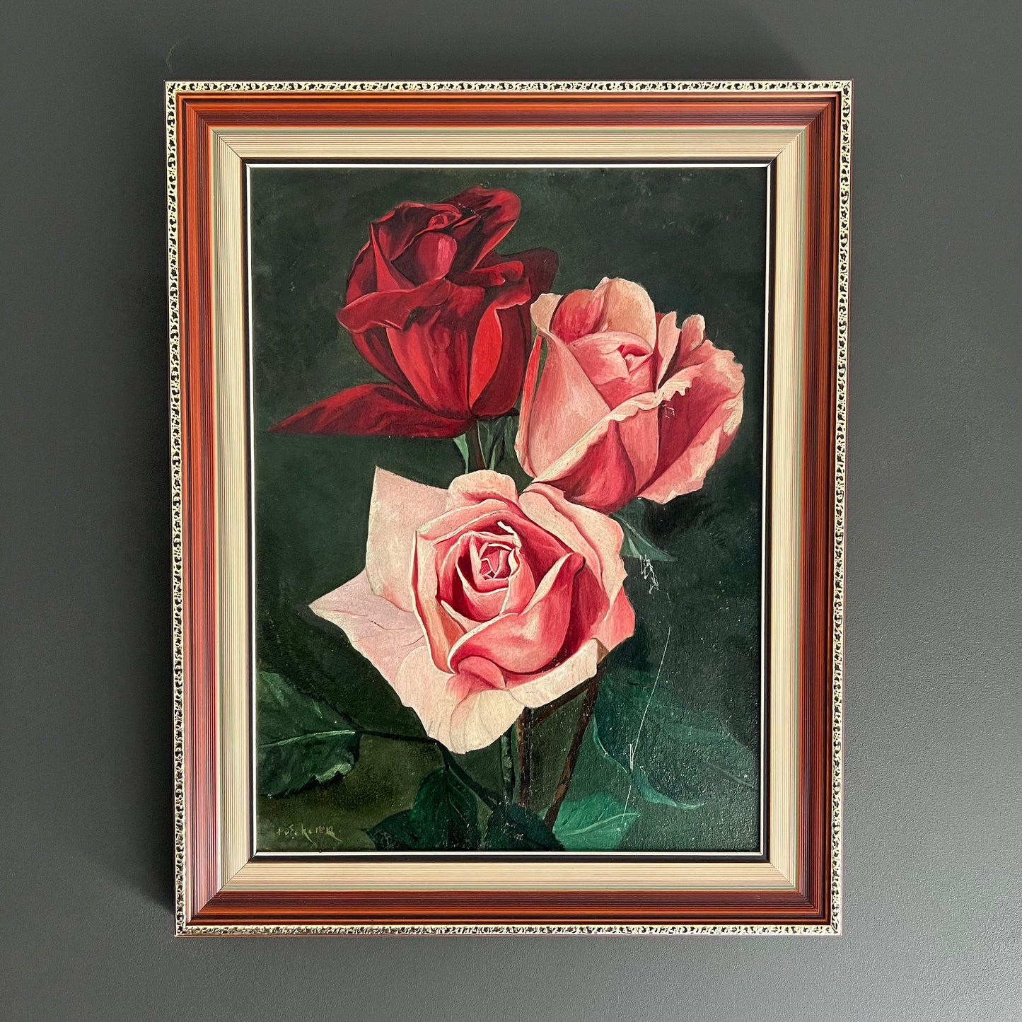 Vintage Oil Painting Still Life Trio of Roses