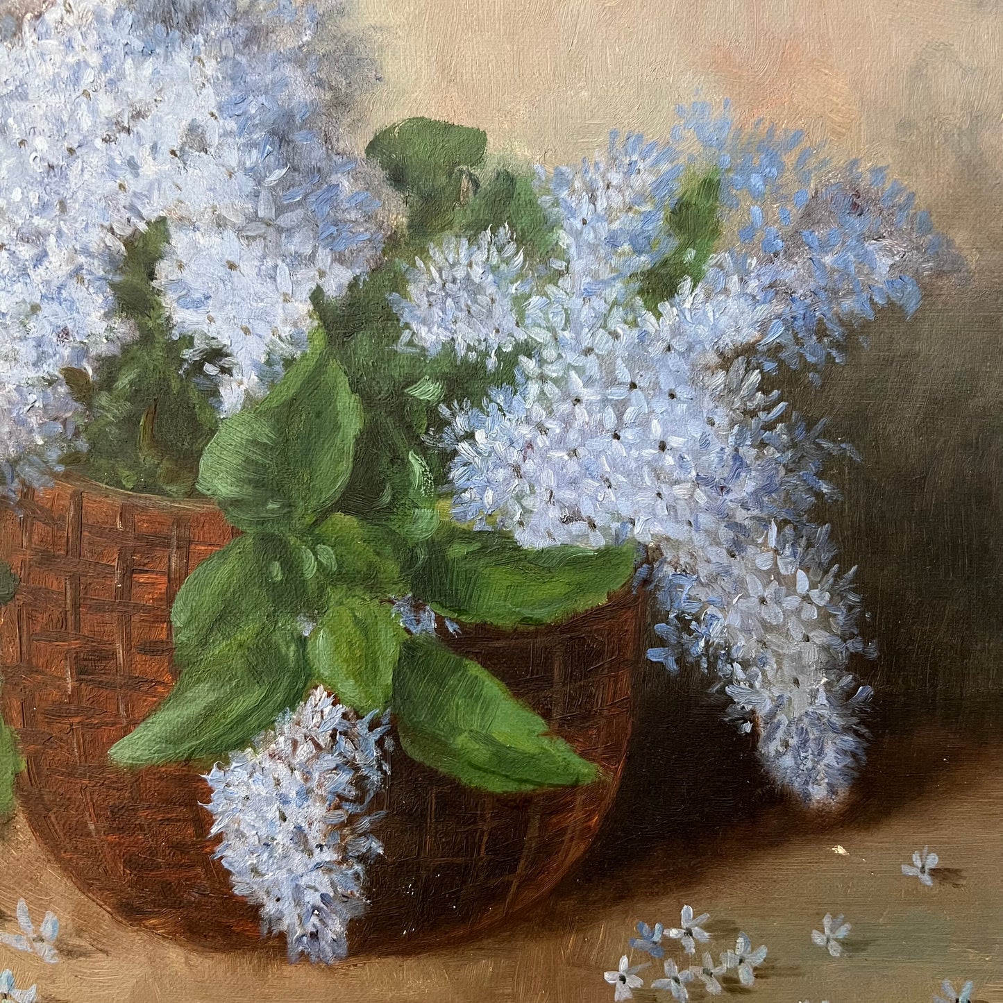 Vintage Painting Still Life of Blue Flowers in Basket