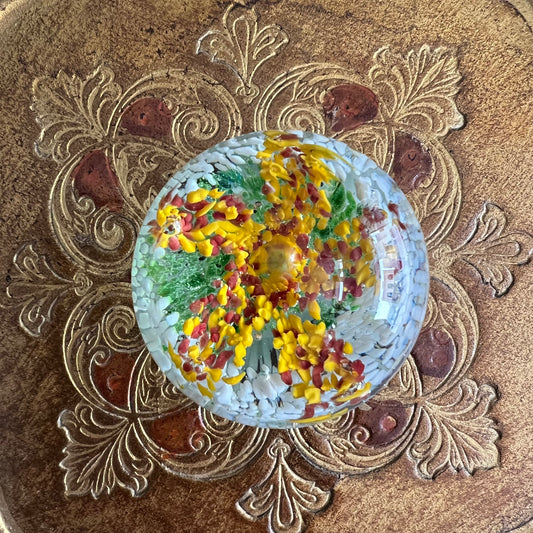 Art Glass Paper Weight Yellow & Red Flower