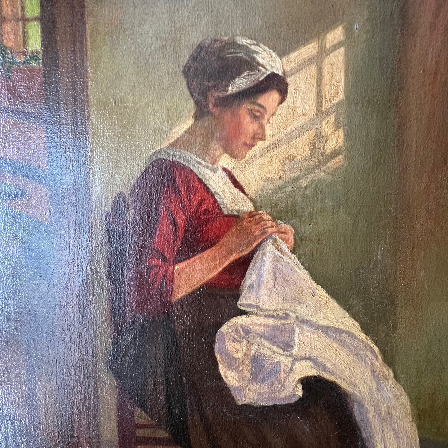 Antique Dutch Oil Painting Woman Sewing 1919