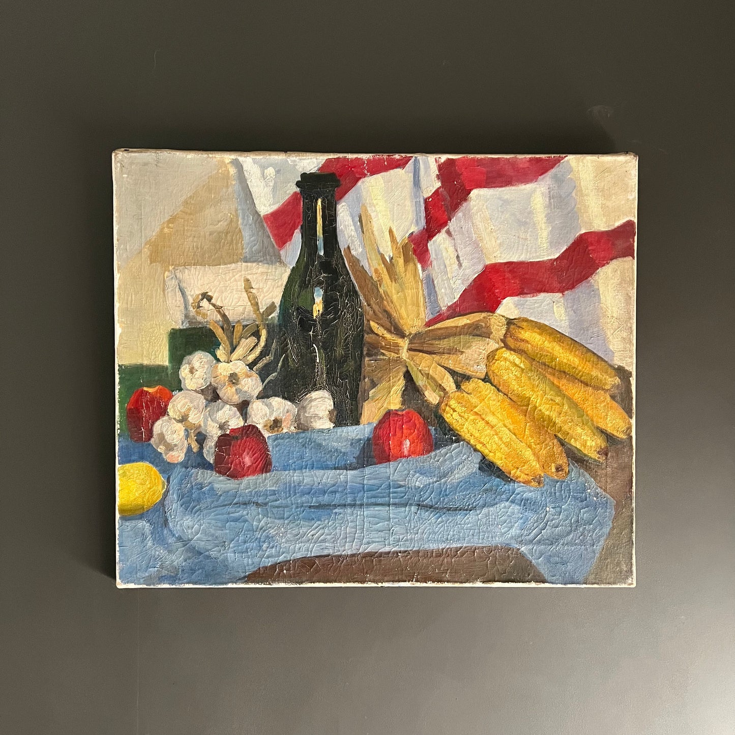 Large Vintage Oil Painting Still Life French Tabletop Wine, Garlic and Corn c1940s