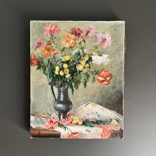 Antique Oil Painting Still Life Flowers in Pewter Jug French c1880s