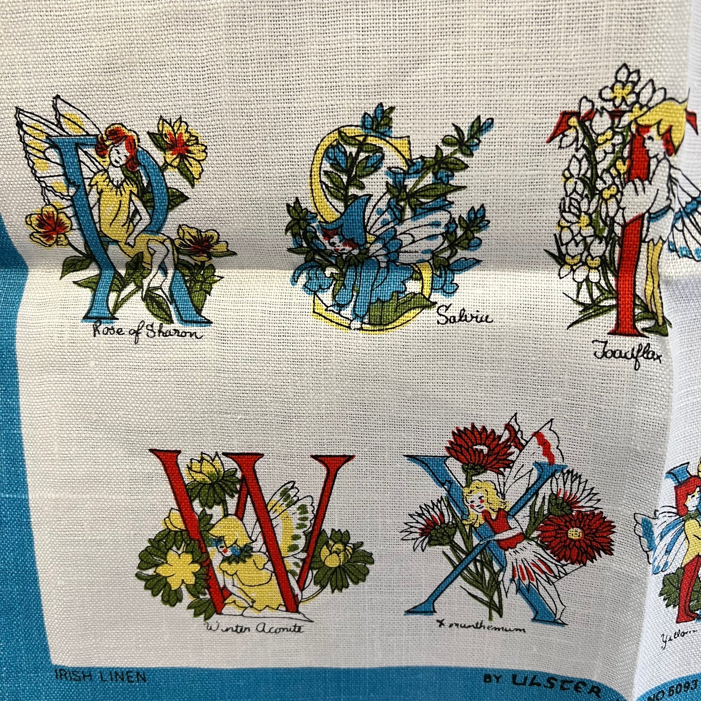 Vintage Flower Fairy Linen Tea Towel Alphabet of Flowers Made in Ireland