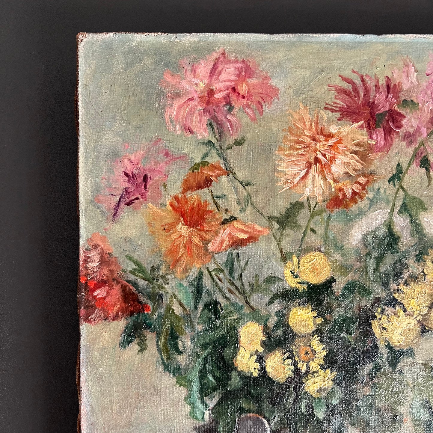 Antique Oil Painting Still Life Flowers in Pewter Jug French c1880s