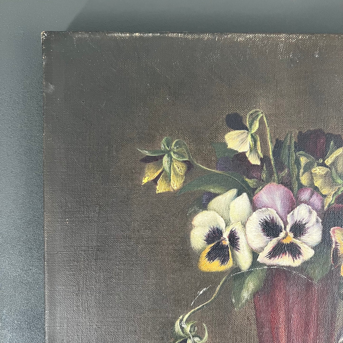 Vintage Oil Painting Still Life Pansy Flowers in Vase