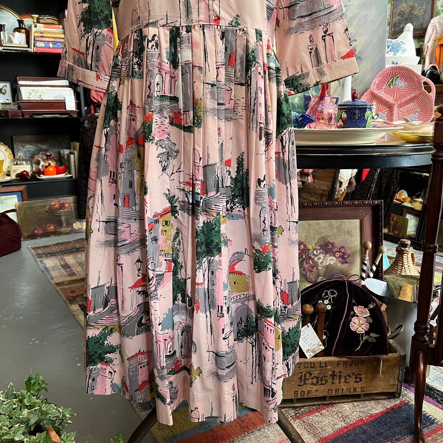Lazybones Vintage Style Dress Pink Streetscape Organic Cotton