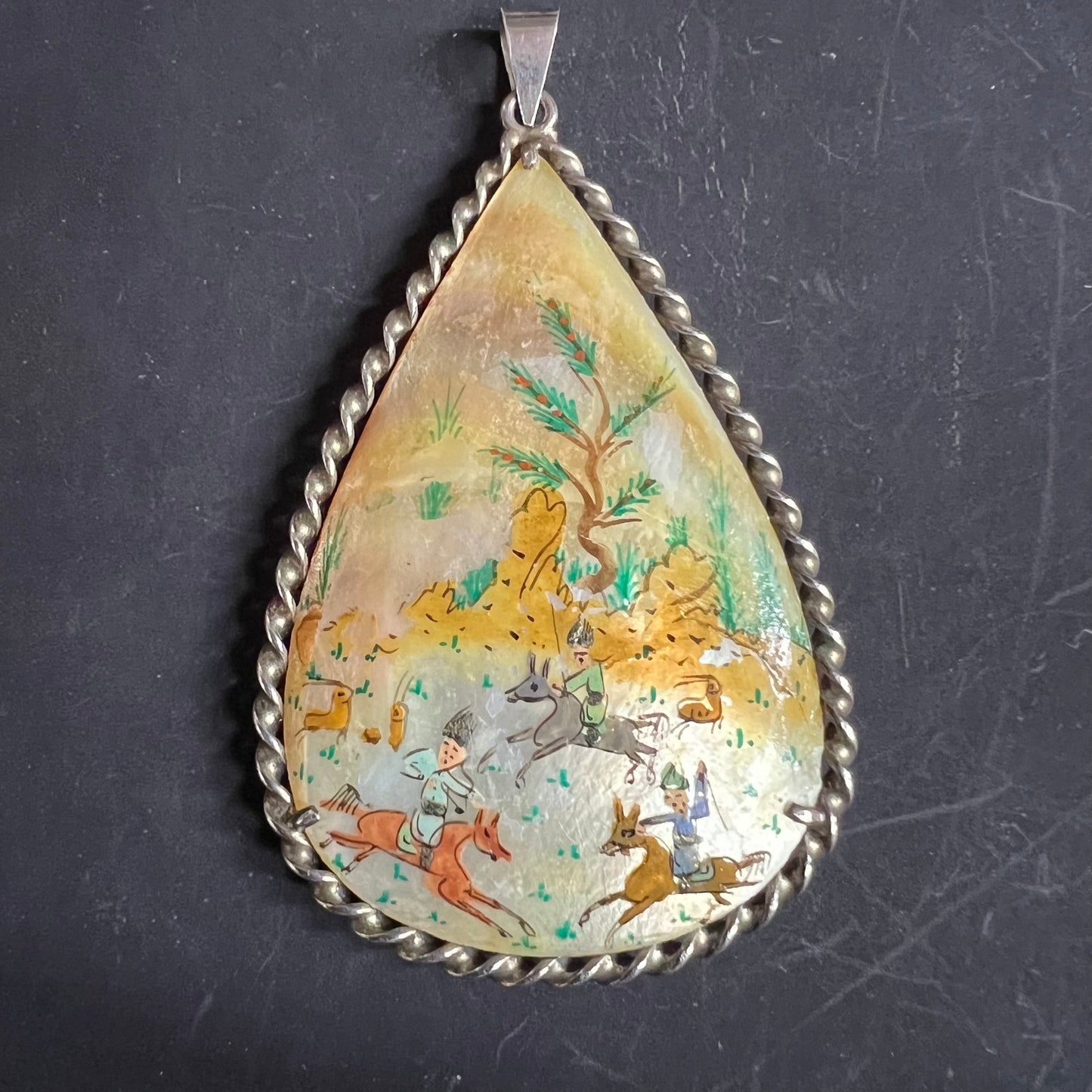 Vintage Persian Sterling Silver Mother of Pearl Double Sided Hand Painted Pendant