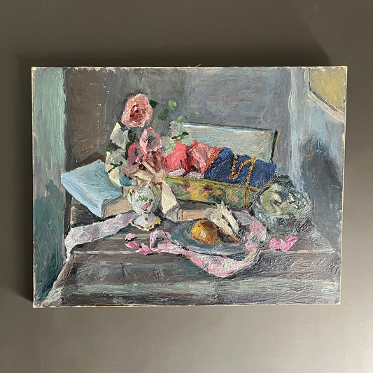 Vintage Oil Painting Still Life Ribbons Shells and Rose French 1960