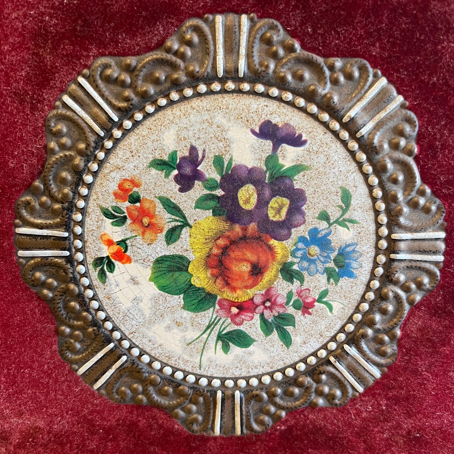 Vintage Red Velour Tin with Blooms