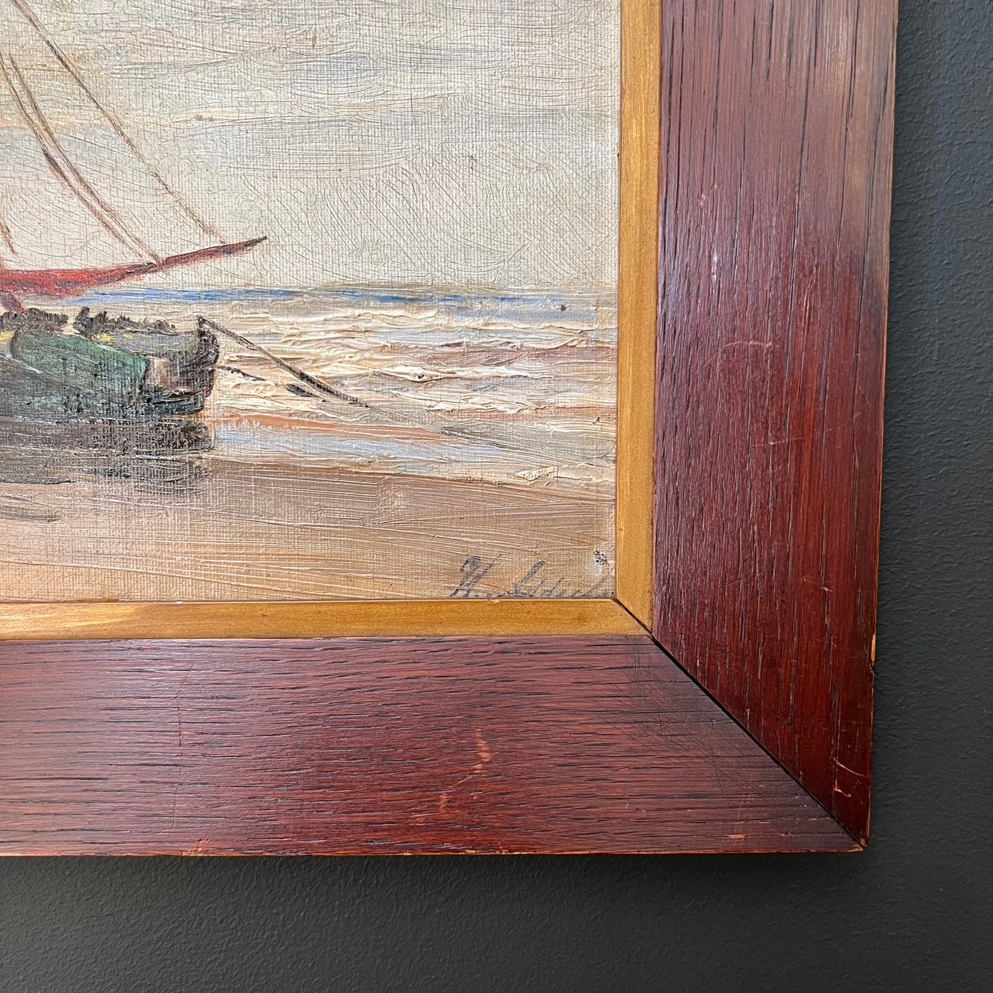 Antique Oil Painting Sailing Boats on the Seashore c1920