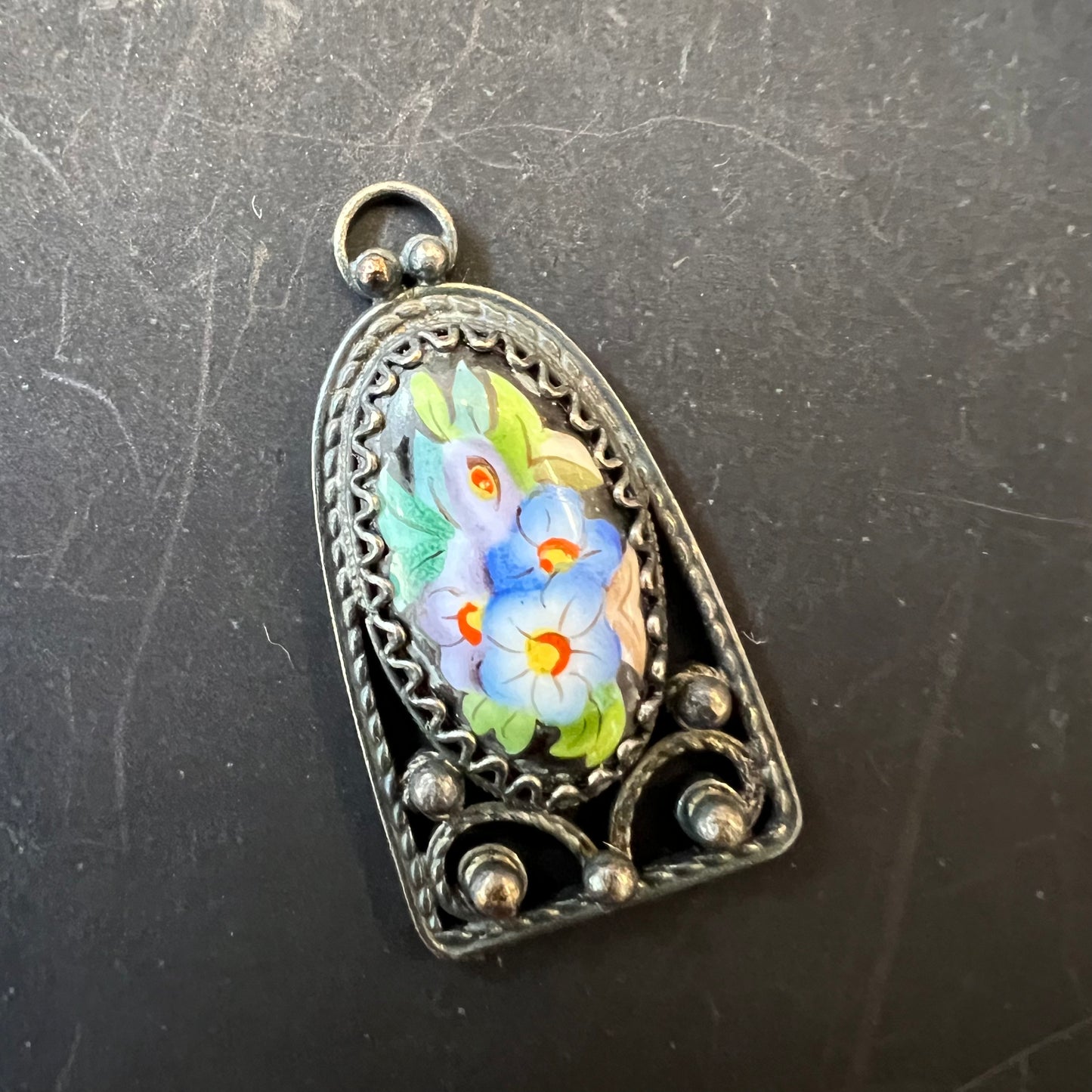 Vintage Russian Pendant Hand Painted Flowers & Leaves