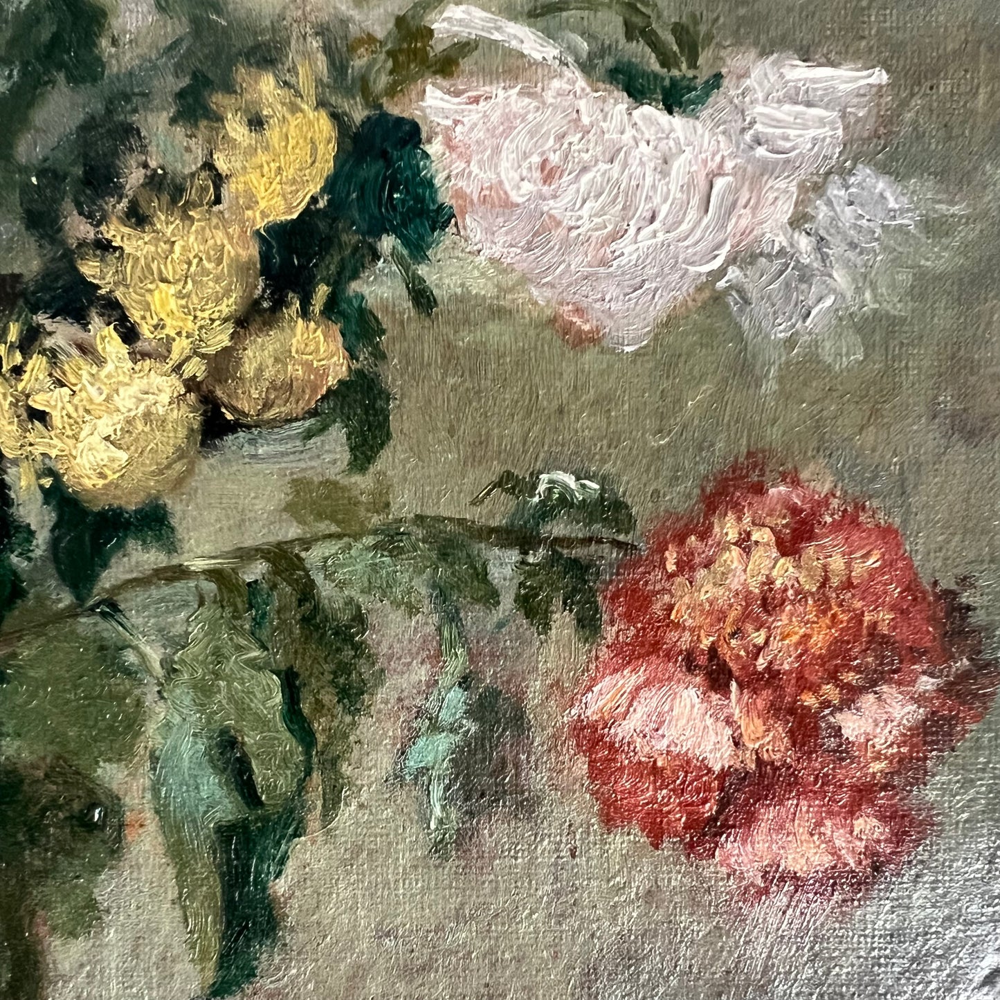 Antique Oil Painting Still Life Flowers in Pewter Jug French c1880s