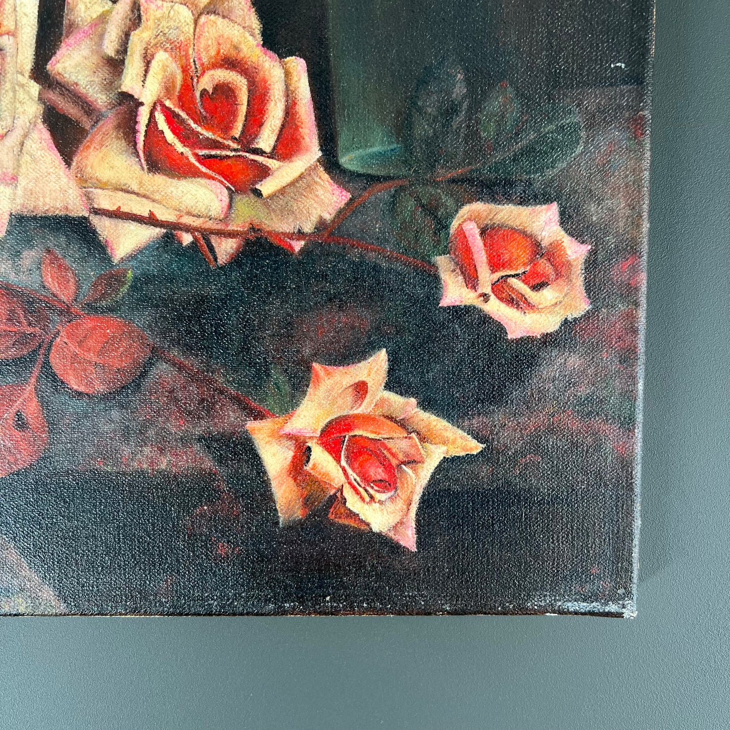 Vintage Oil Painting Still Life Moody Pink Roses & Red Geraniums