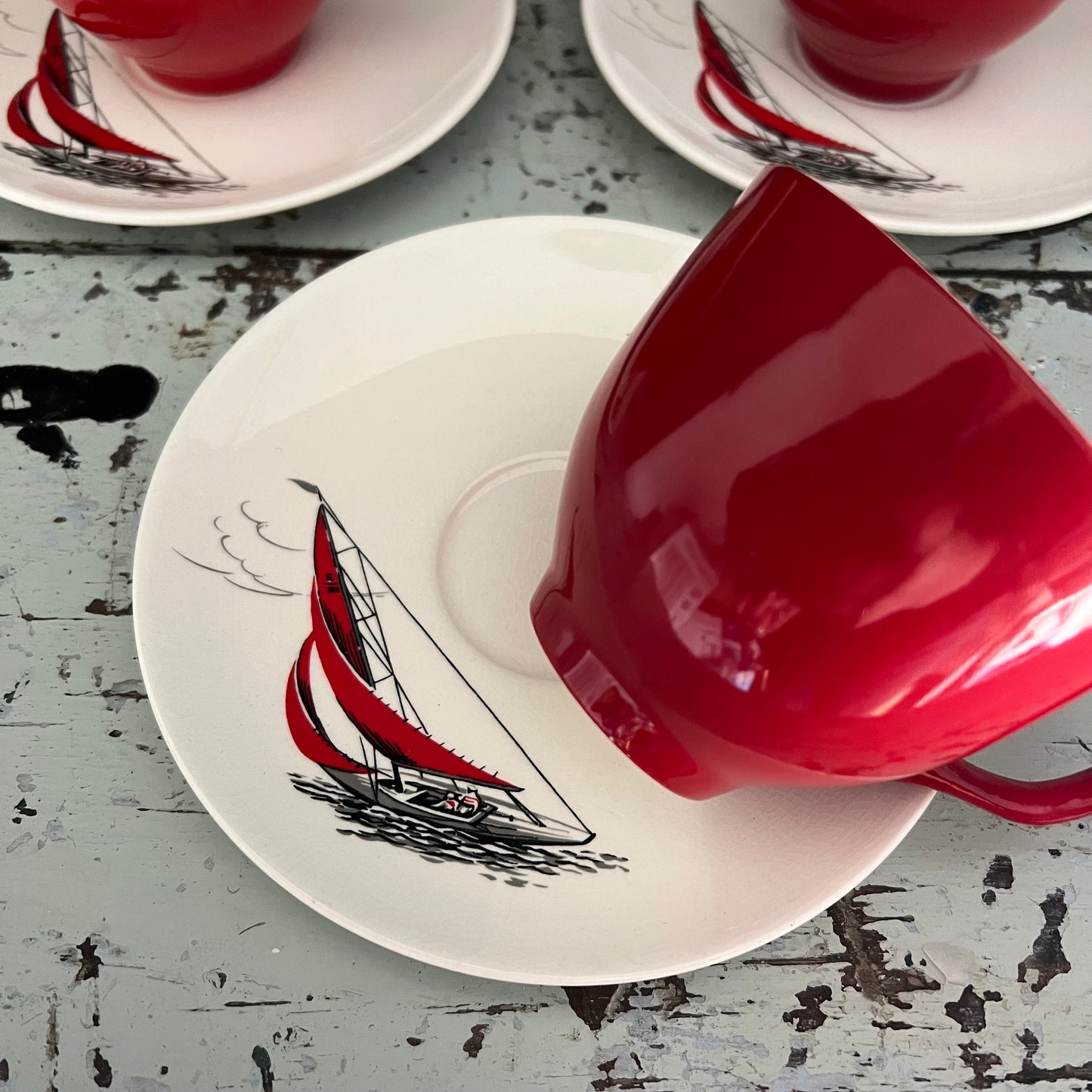 Sail Boat Cup & Saucer ‘Regatta’ pattern by Palissy England c1950s Set 3
