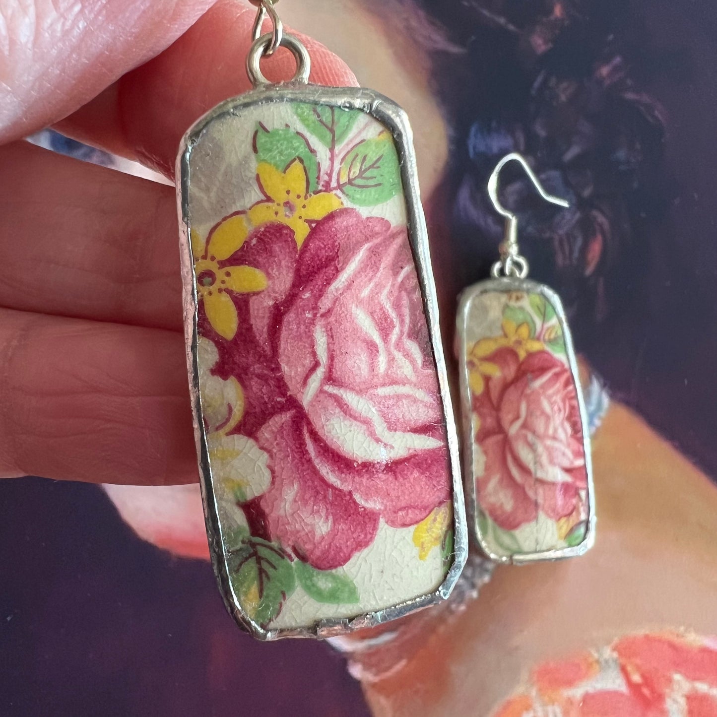 Vintage China Earrings Pink Roses