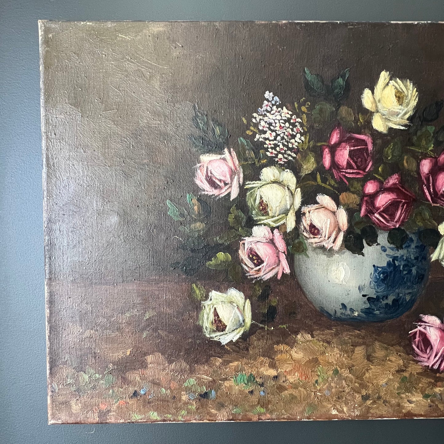 Vintage Oil Painting Still Life of Roses in Bowl