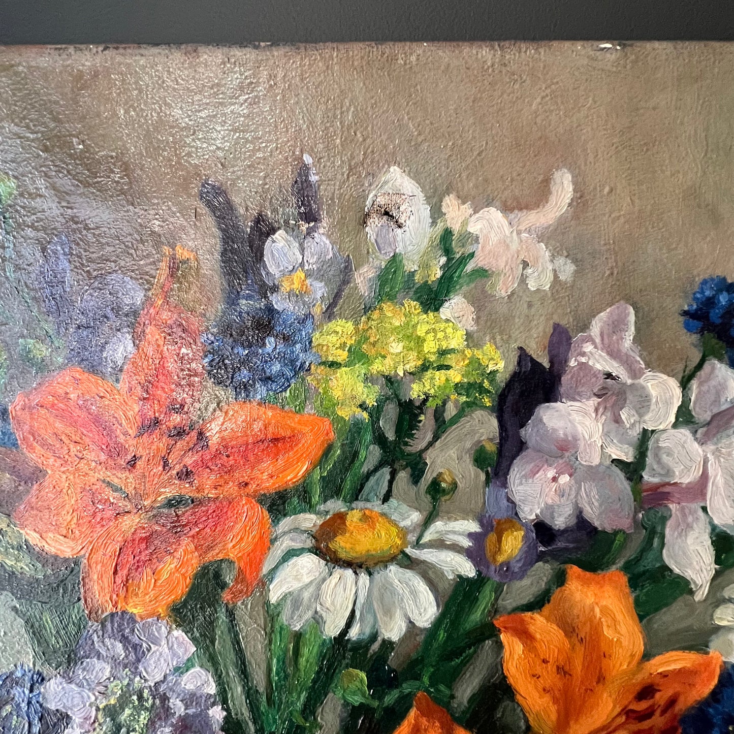 Vintage Oil Painting Still Life of Vibrant Blooms in Kettle