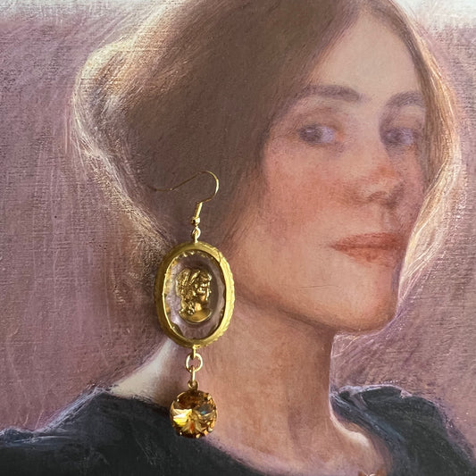 Vintage Golden Cameo & Crystal Earrings