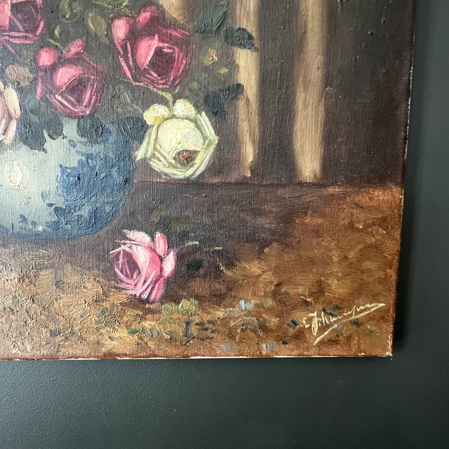 Vintage Oil Painting Still Life of Roses in Bowl