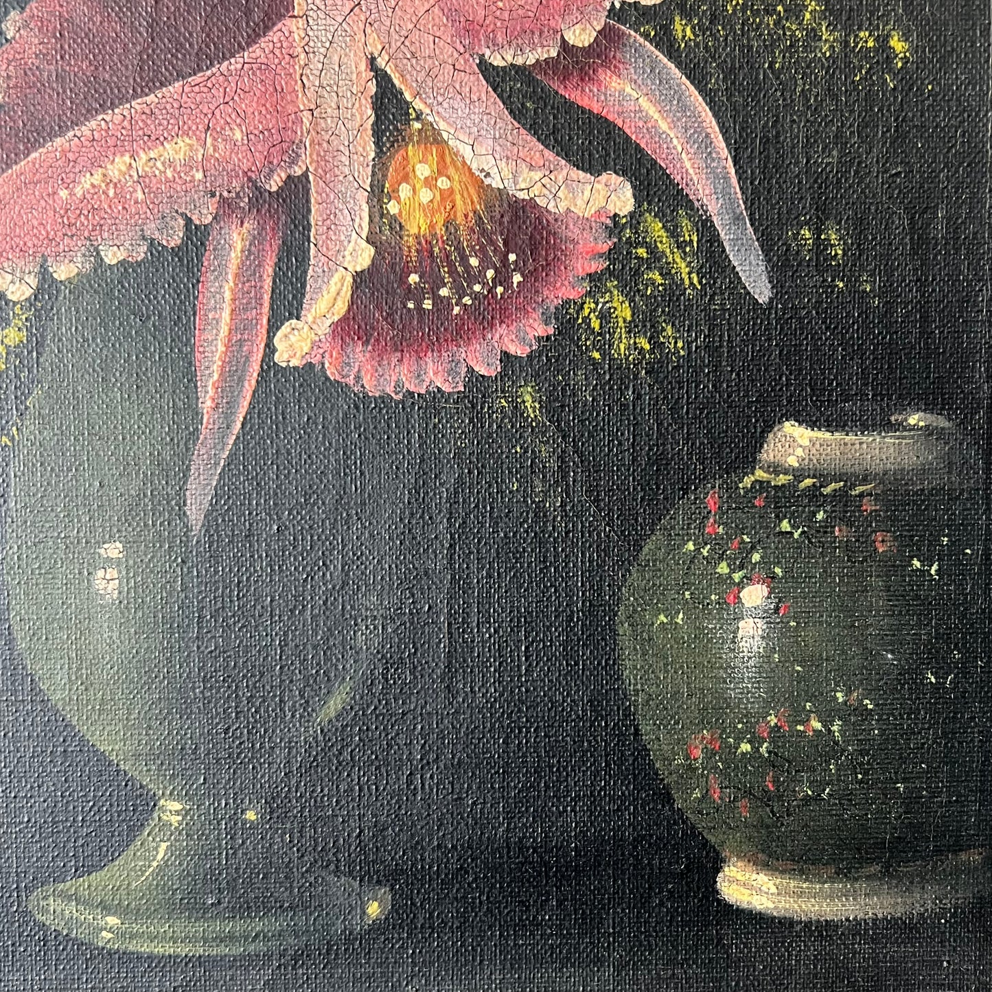 Vintage Oil Painting Still Life of Pink Orchid