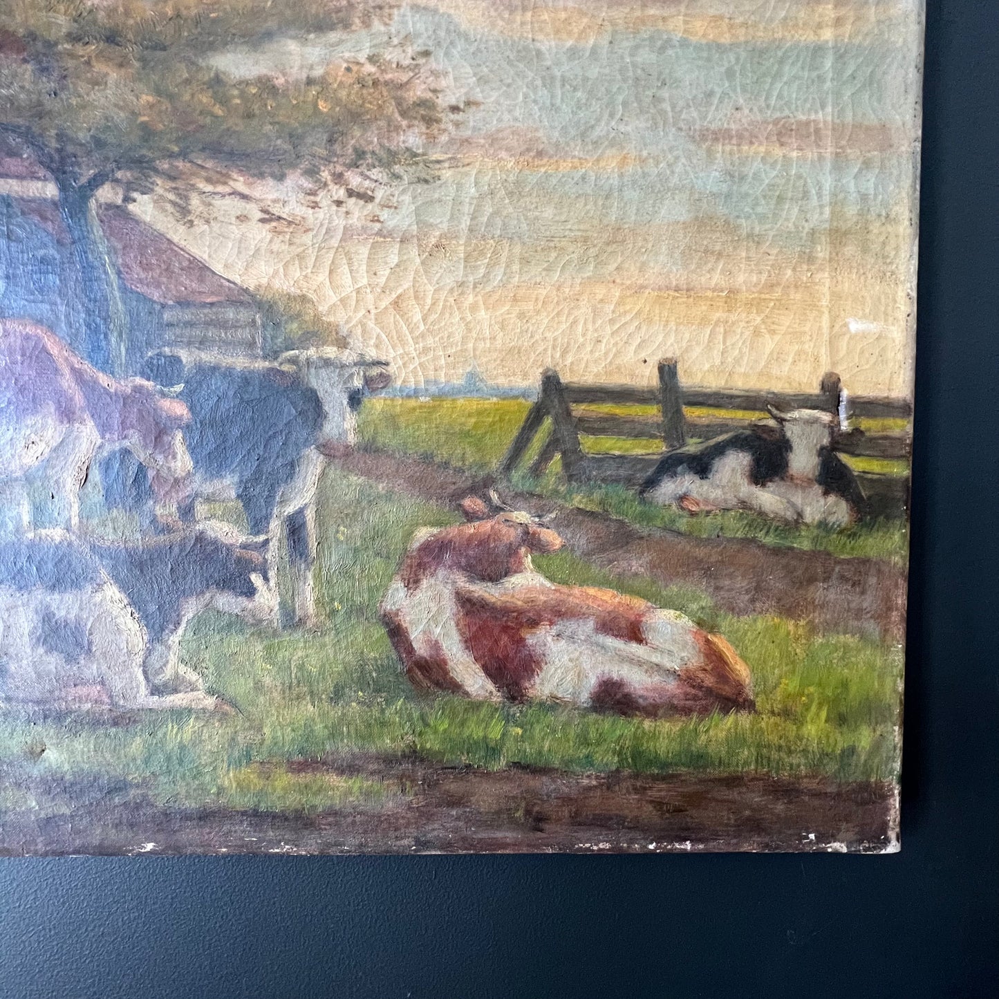 Antique Dutch Oil Painting Milking Time