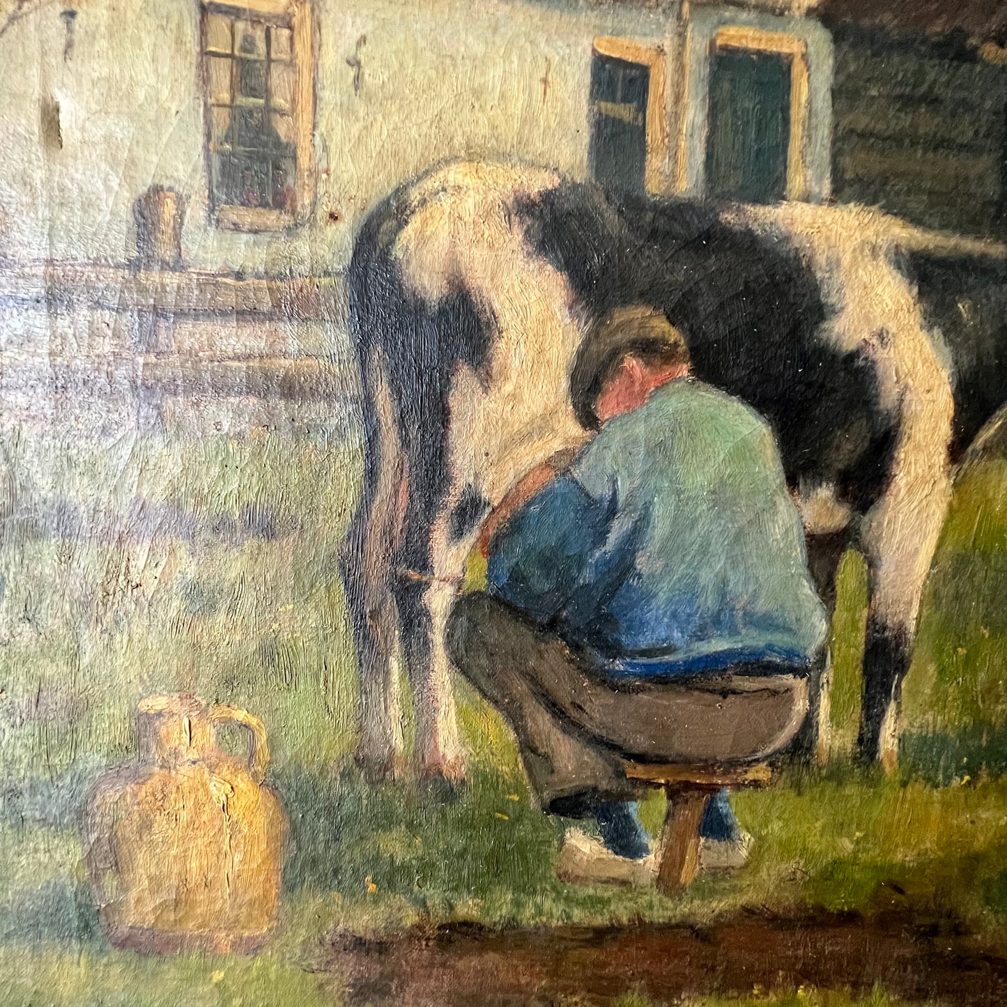 Antique Dutch Oil Painting Milking Time
