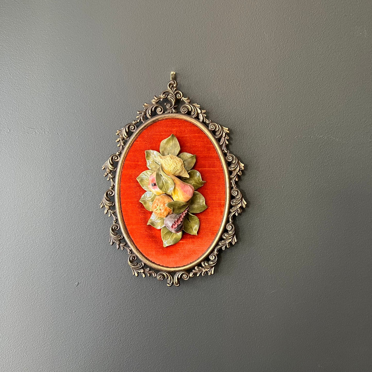 Vintage Brass and Velvet Fruit Wall Hanging