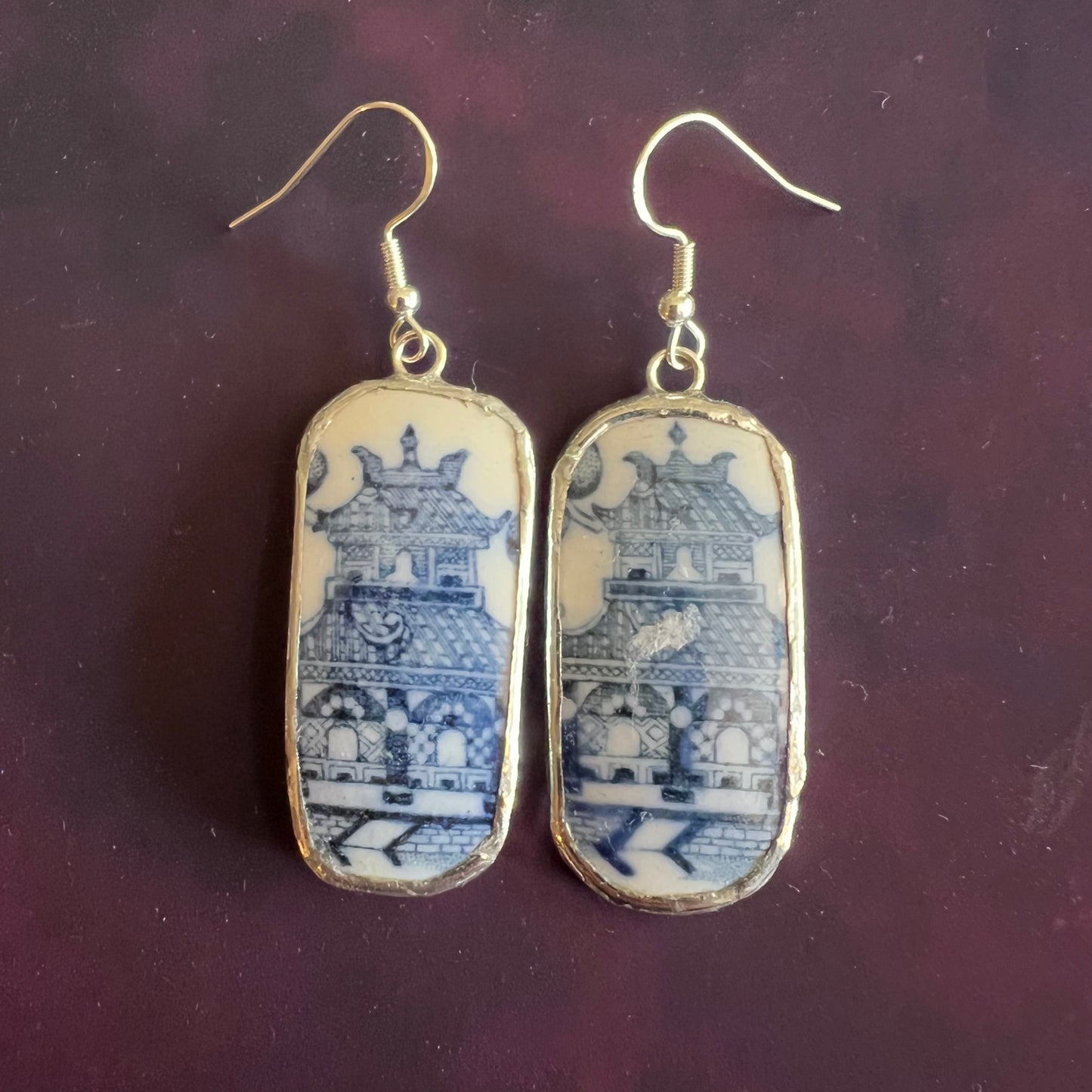 Vintage China Earrings Pagoda Willow Pattern