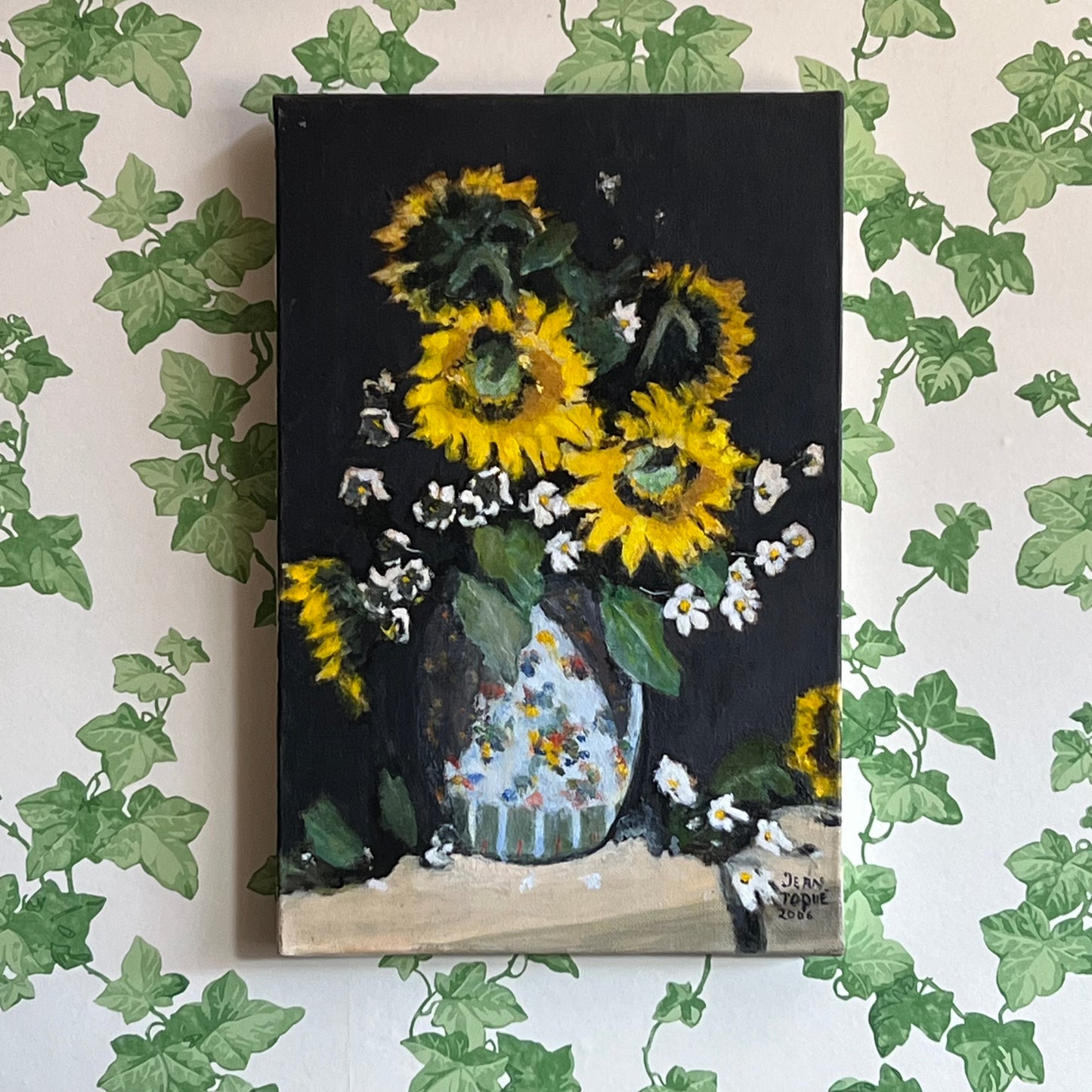 Vintage Oil Painting Still Life of Sunflowers in Vase