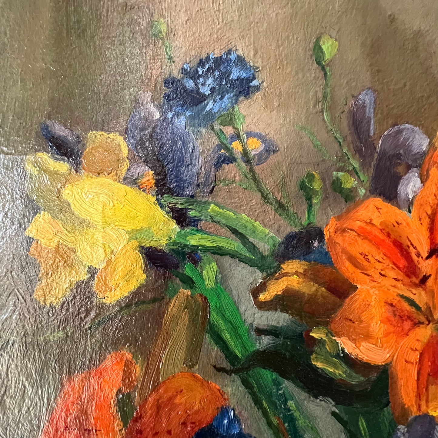 Vintage Oil Painting Still Life of Vibrant Blooms in Kettle