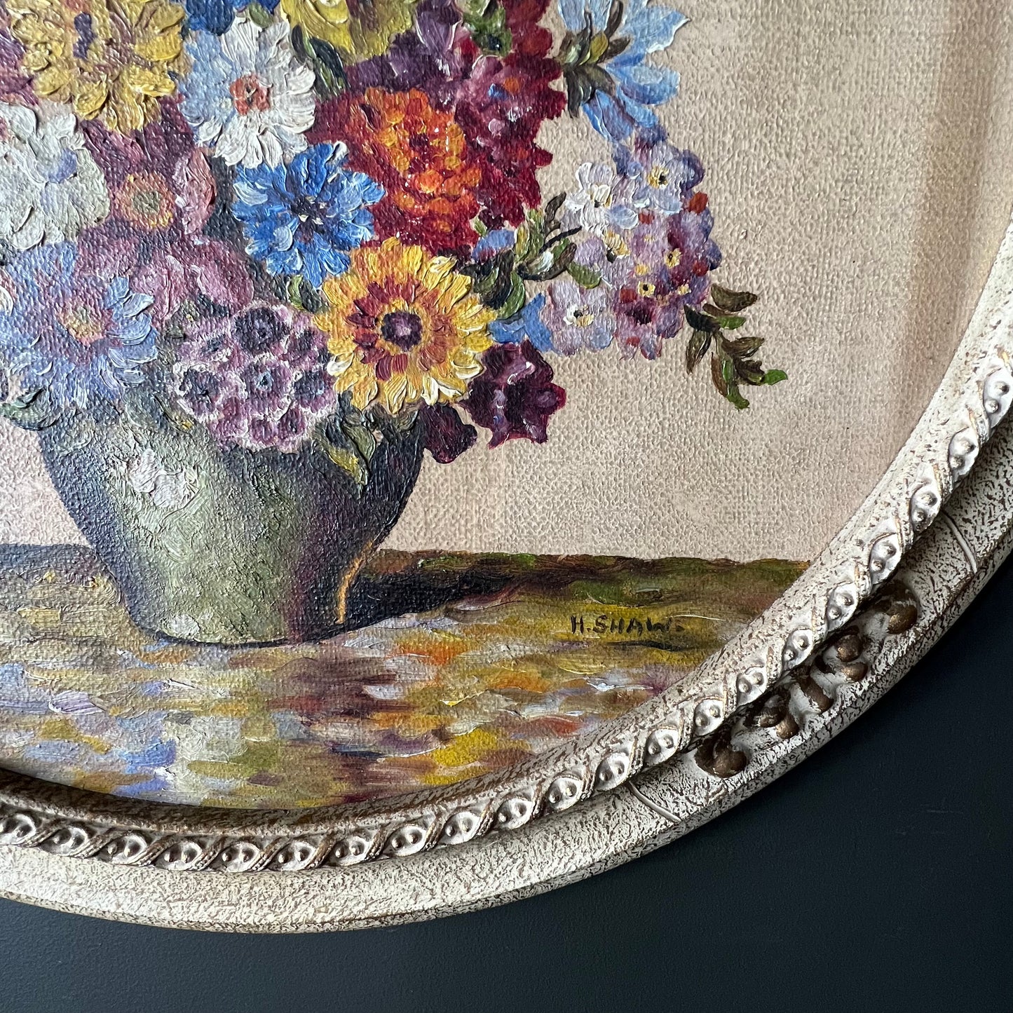 Vintage English Oil Painting Summer Blooms in Vase