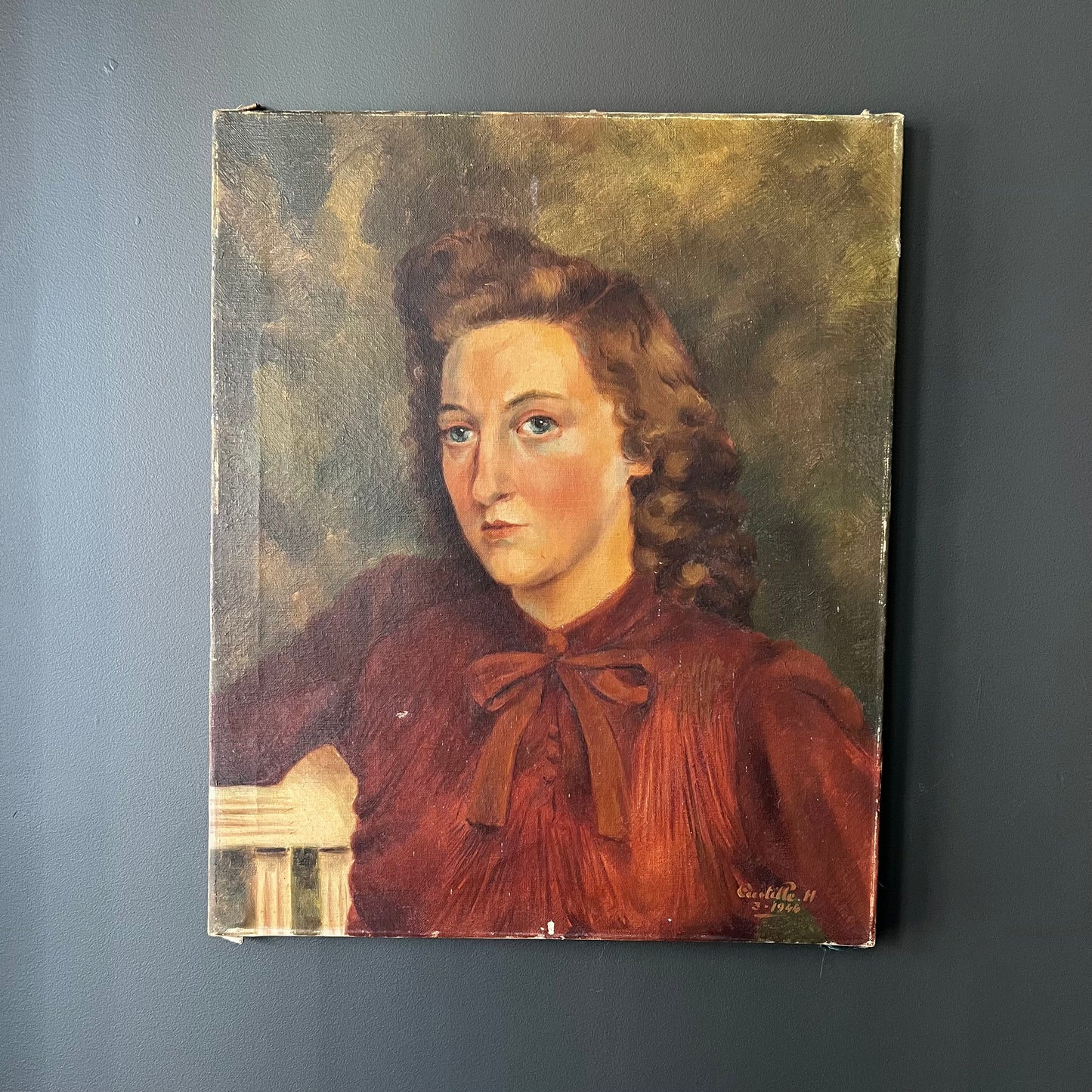 Vintage French Oil Painting Portrait of a Sassy Woman 1944