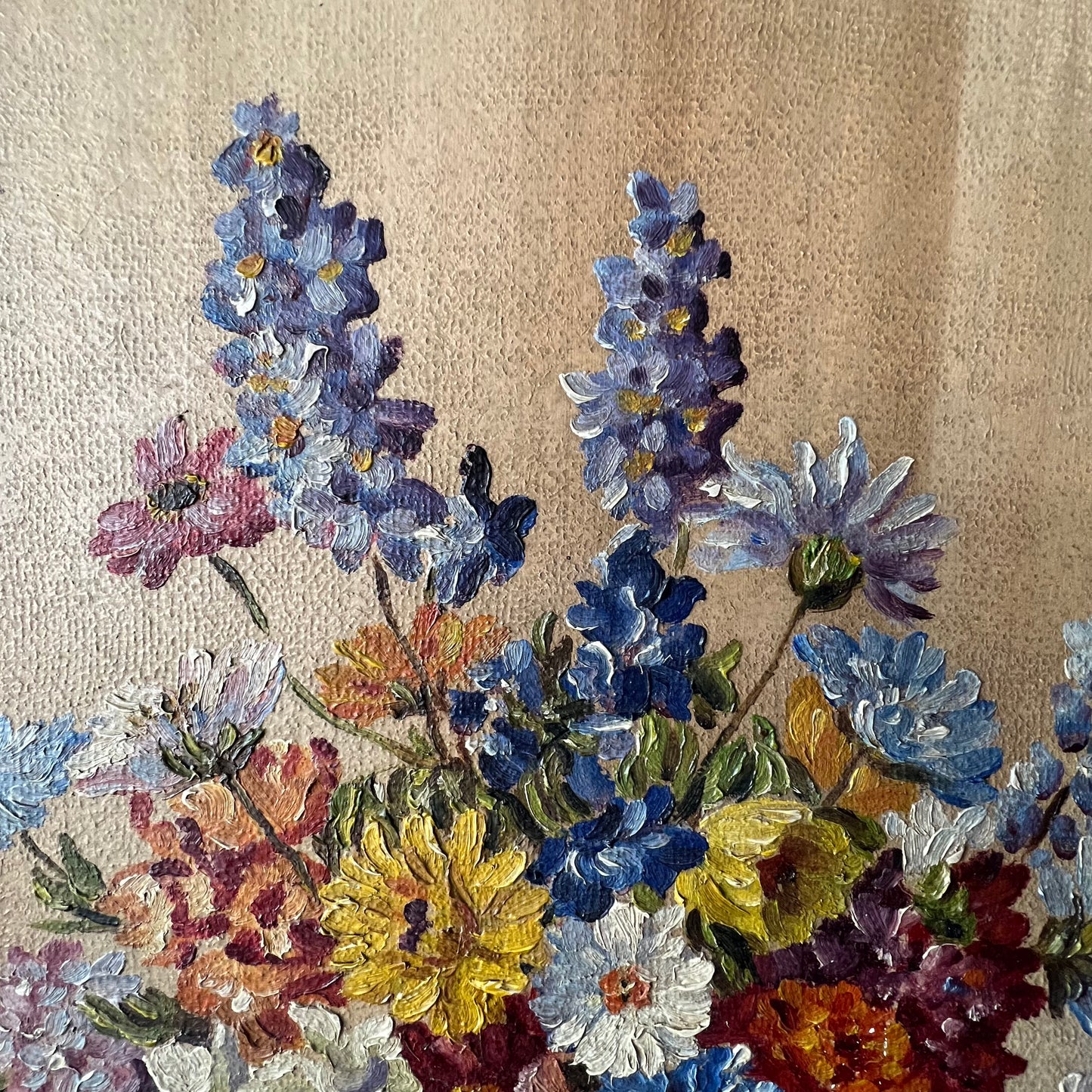 Vintage English Oil Painting Summer Blooms in Vase
