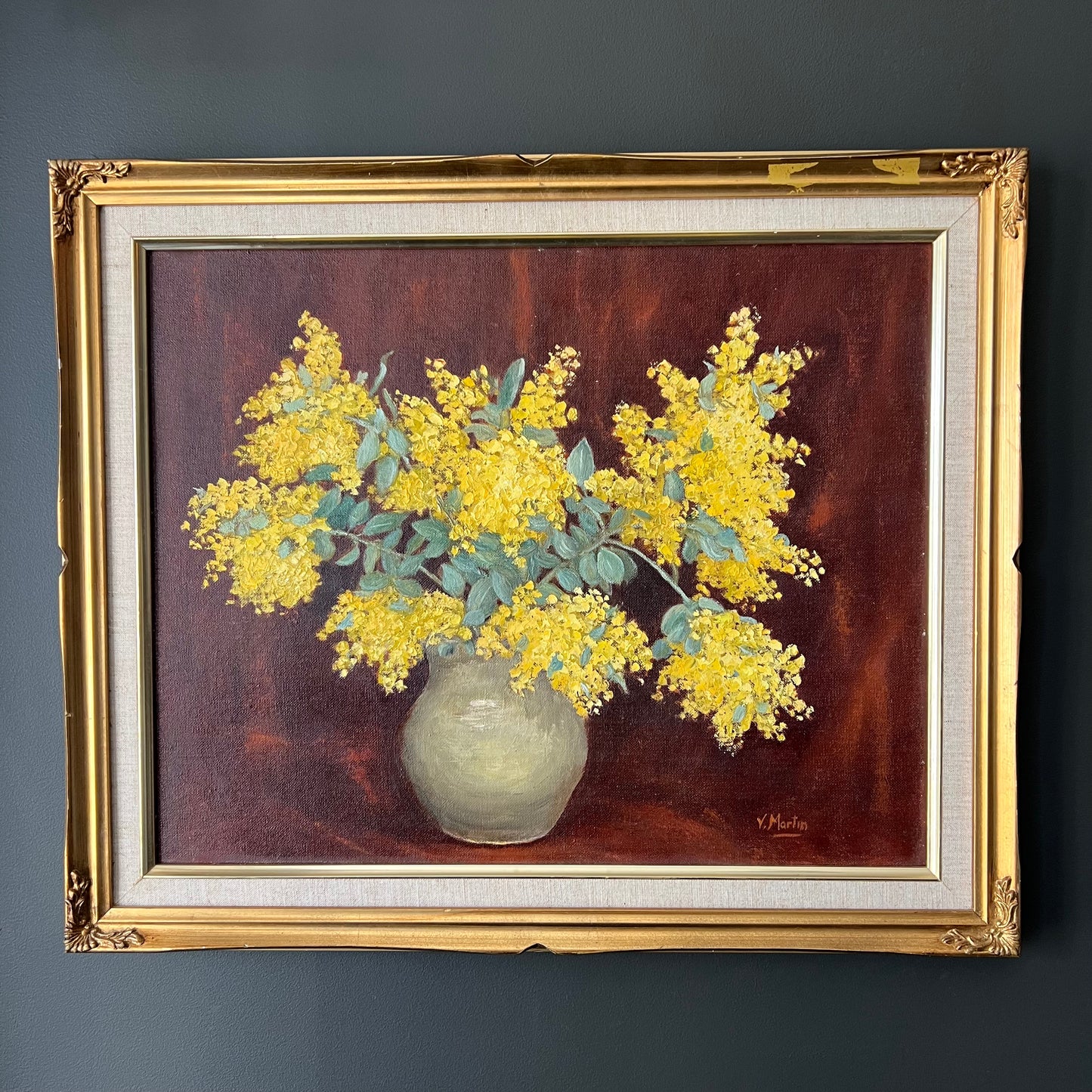 Vintage Oil Painting Still Life of Golden Wattle