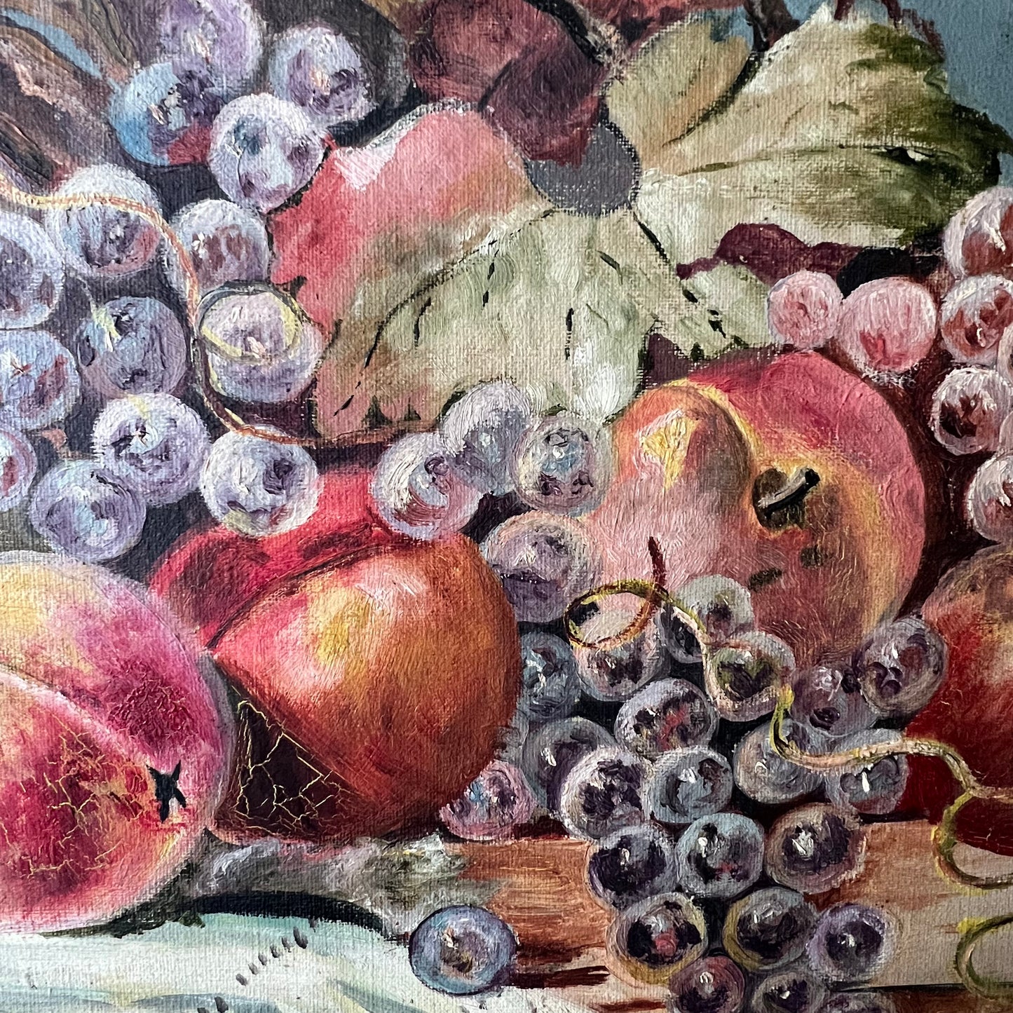 Antique Oil Painting Still Life of Grapes & Peaches