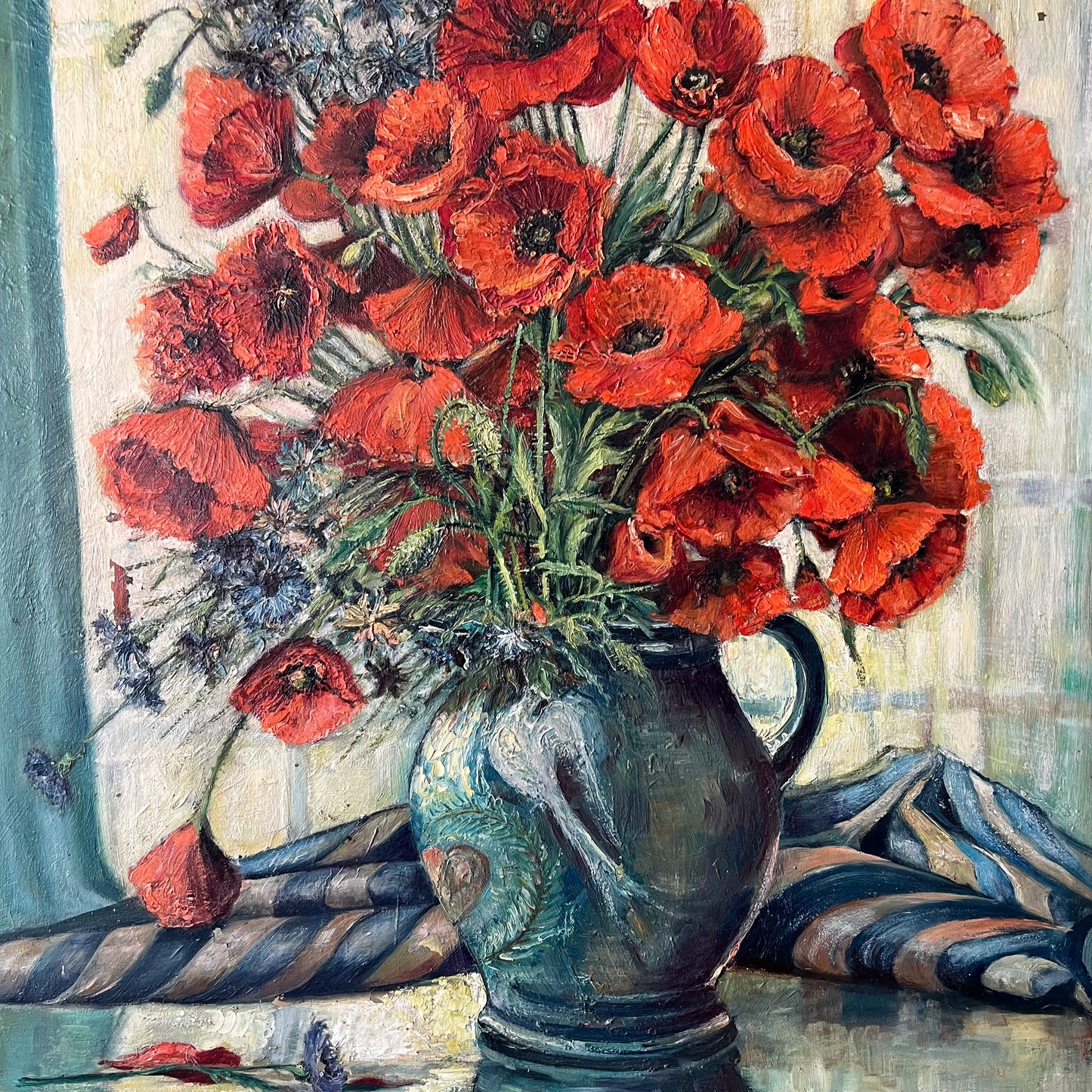 Vintage Dutch Still Life Oil Painting Poppies and Cornflowers in Jug