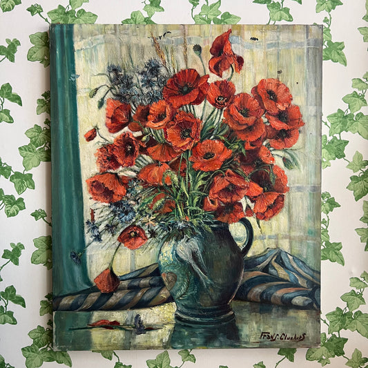 Vintage Dutch Still Life Oil Painting Poppies and Cornflowers in Jug