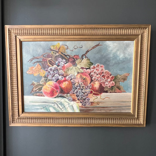 Antique Oil Painting Still Life of Grapes & Peaches